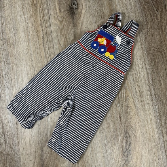 healthtex Other - Vintage Health Tex Overalls Kids 12 Mo Train Blue Striped Golden Puppy 80s USA